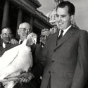 Vice President Richard Nixon "shakes hands" with a 40-pound white turkey, November 14, 1955, at the Capitol in Washington, D.C.  The big bird, a gift from the turkey raisers, is destined for President Eisenhower's Thanksgiving dinner at his Gettysburg, Pa. farm.  In the background, left to right, are:  Leslie Hubbard of Lancaster, Pa.; Chester Housh of Elkton, Va., who raised the turkey; and Vic Pringle of Broadway, Va.  (AP Photo/William J. Smith)