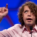 Sam Lowery, of Charlestown, Mass., spells his word in the air during round two of the National Spelling Bee, Wednesday, May 30, 2012, in Oxon Hill, Md.  (AP Photo/Evan Vucci)
